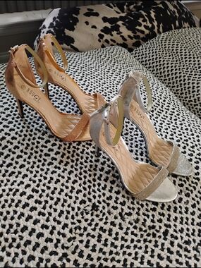 Rouge Helium Gold and Silver Metallic Ankle-Strap Heels